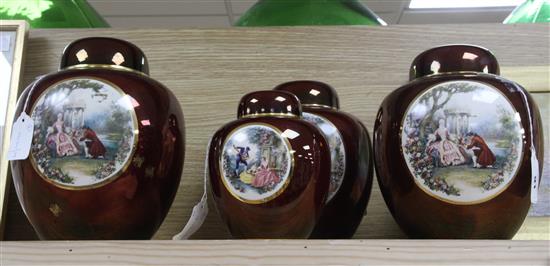 Four Carlton Ware Rouge Royale ginger jars and covers decorated with Fragonard-style scenes of lovers